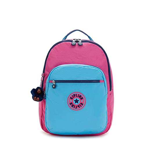 Kipling Women's Seoul 15” Device Backpack, Durable, Roomy with Padded Shoulder Straps, Nylon School Bag, Pink Blue CBV2, 12.75''L x 17.25''H x 9''D