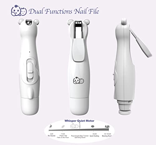 Rechargeable Baby Nail Clippers 20 in 1 by Royal Angels | Electric Baby Nail Trimmer, Baby Nail File Kit, Additional Replacement Heads, Newborn Toddler Toes and Fingernails, Trim and Polish (Snow)