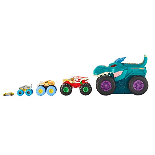 Hot Wheels Monster Trucks Car Chompin' MEGA-Wrex, Large Toy Monster Truck and 1:64 Scale Toy Car, 'Eats' and 'Poops' 1:64 Scale Vehicles