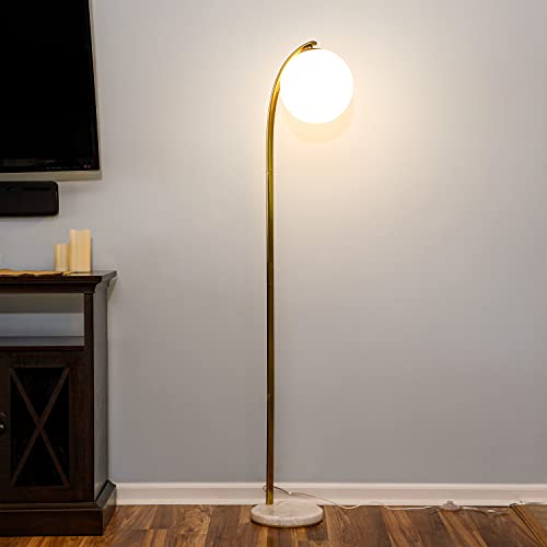 Brightech Luna Drop LED Floor Lamp, Frosted Glass Globe Arcing Living Room Lamp, Mid-Century Modern Standing Lamp for Living Rooms, Boho Rustic Indoor Tall Lamp for Bedrooms and Offices - Brass