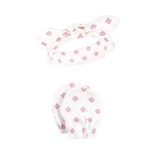 Hudson Baby Infant Girl Cotton Headband and Scratch Mitten Set Lace Medallion, 0-6 Months