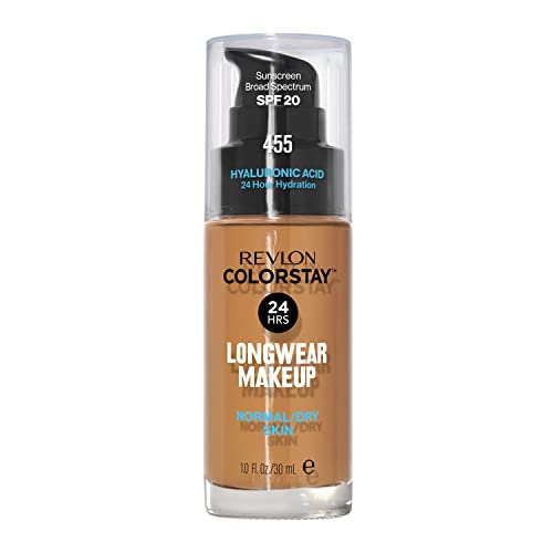 Liquid Foundation by Revlon, ColorStay Face Makeup for Normal and Dry Skin, SPF 20, Longwear Medium-Full Coverage with Natural Finish, Oil Free, 455 Honey Beige, 1 Fl Oz