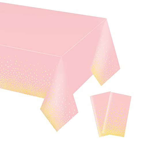 Gexolenu 2 Pack Premium Pink and Gold Disposable Plastic Tablecloth for Rectangle Tables(54' x 108'), Disposable Waterproof Table Cover for Birthday, Graduation, Gold Table Cloths Party Supplies