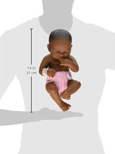 JC Toys - La Newborn First Day African American| Anatomically Correct Real Girl Baby Doll | 14' All-Vinyl Baby Doll | Includes Hospital Blanket, Bracelet and First Baby Bottle| Made in Spain | Designed by Berenguer | Ages 2+ , Pink