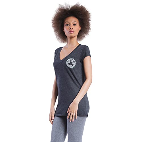 Ultra Game NBA Boston Celtics Womens V-Neck Rhinestone Short Sleeve Tee Shirt, Charcoal Heather, Large