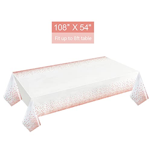 Gexolenu,4 Pack, White and Rose Gold Tablecloth Plastic, Table Cover for Parties, Dot Confetti Pattern Table Cloths for Rectangle Tables, Fit for All Birthday Party, Wedding, Anniversary, 54' x 108'