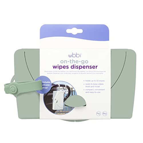 Ubbi On-The-Go Baby Wipes Dispenser, Portable Wipes Container for Travel, Diaper Bag Accessory Must Have for Newborns, Reusable Wipes Holder, Sage Green