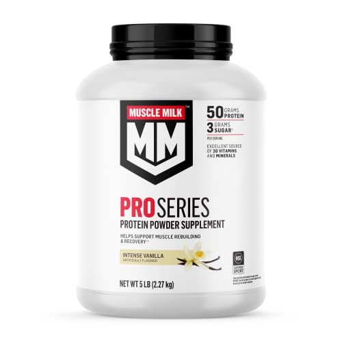 Muscle Milk Pro Series Protein Powder Supplement, Intense Vanilla, 5 Pound, 28 Servings, 50g Protein, 3g Sugar, 20 Vitamins and Minerals, NSF Certified for Sport, Workout Recovery, Packaging May Vary