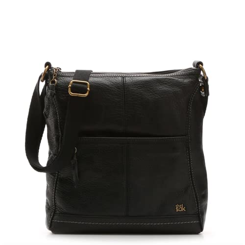 Sakroots Iris Crossbody Bag in Leather, Casual Purse with Adjustable Strap and Zipper Pockets, Multifunctional and Sustainably-Made, Black