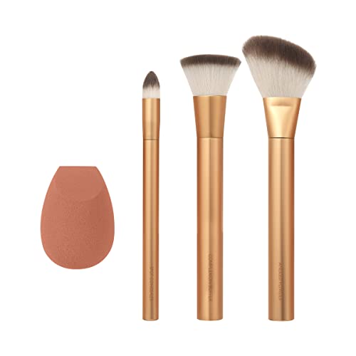 EcoTools Precious Metals Face Blend and Sculpt Set, Makeup Brush Kit, Foundation Brush, Ecofriendly Makeup Brush Kit, Recycled Aluminum, Chrome, Precision, 4 Piece Set
