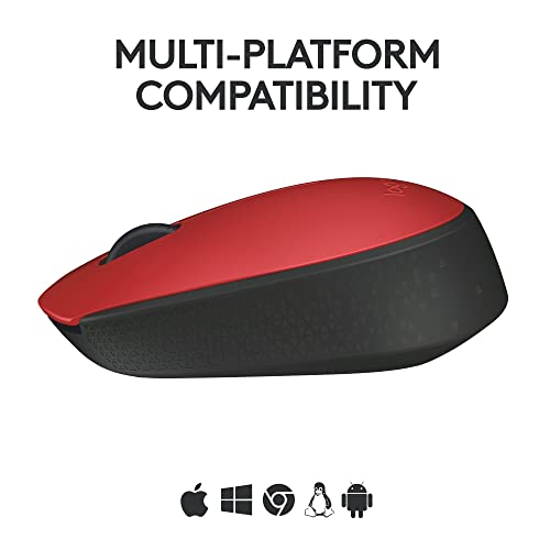 Logitech M170 Wireless Mouse for PC, Mac, Laptop, 2.4 GHz with USB Mini Receiver, Optical Tracking, 12-Months Battery Life, Ambidextrous - Red