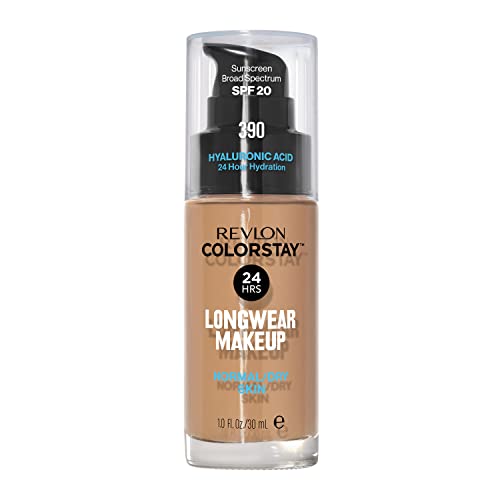 Liquid Foundation by Revlon, ColorStay Face Makeup for Normal and Dry Skin, SPF 20, Longwear Medium-Full Coverage with Natural Finish, Oil Free, 390 Rich Maple, 1 Fl Oz