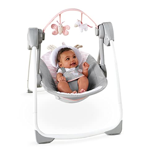 Ingenuity Comfort 2 Go Compact Portable 6-Speed Cushioned Baby Swing with Music, Folds Easy, 0-9 Months 6-20 lbs (Pink Flora the Unicorn)