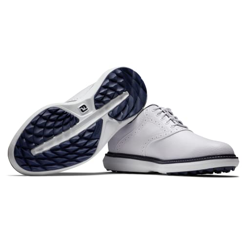 9.5 Wide FootJoy Men's Traditions Spikeless Golf Shoe, White/White/Navy