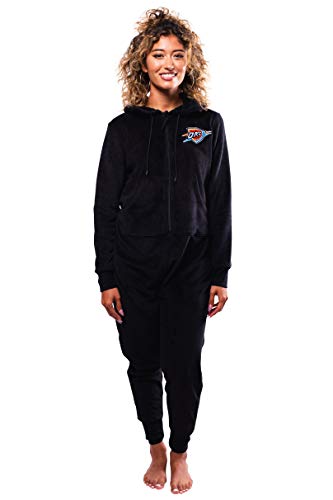 Ultra Game NBA Oklahoma City Thunder Womens Sleepwear Super Soft Fleece Onesie Pajama Hooded Jumpsuit, Black, Large