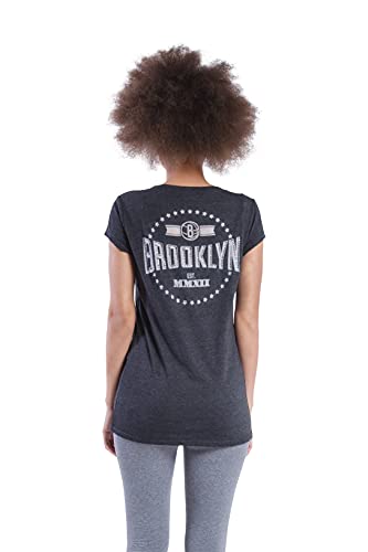 Ultra Game -NBA Brooklyn Nets Womens V-Neck Rhinestone Short Sleeve Tee Shirt, Charcoal Heather, Large