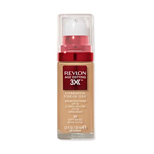 Liquid Foundation by Revlon, Age Defying 3XFace Makeup, Anti-Aging and Firming Formula, SPF 30, Longwear Medium Buildable Coverage with Natural Finish, 030 Soft Beige, 1 Fl Oz