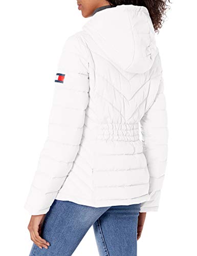 Tommy Hilfiger Women's Puffer Lightweight Hooded Jacket with Drawstring Packing Bag, White, Extra Large