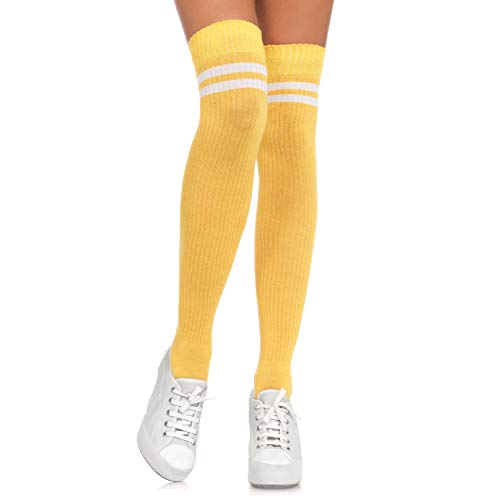 Leg Avenue Women's Ribbed Athletic Thigh High Socks, Yellow/White, One Size