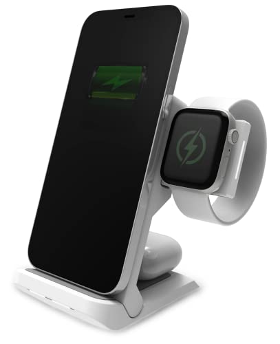 STM ChargeTree Go - Portable 3-in-1 Wireless Charging Station for iPhone/Samsung/Android (15W/7.5W), AirPods (5W), Apple Watch (3W) - Qi Certified Charging Stand - White (stm-931-322Z-01)