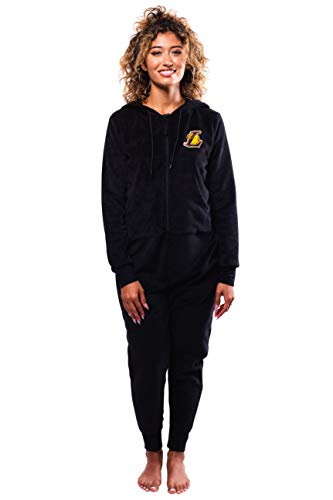 Ultra Game NBA Los Angeles Lakers Womens Sleepwear Super Soft Fleece Onesie Pajama Hooded Jumpsuit, Black, Large