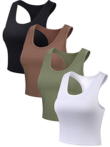 Boao 4 Pieces Basic Crop Tank Tops Sleeveless Racerback Crop Top for Women(Black, White, Army Green, Coffee,Medium)