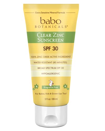Babo Botanicals Zinc Sunscreen Lotion SPF 30 with 100% Mineral Actives, Non-Greasy, Water-Resistant, Fragrance-Free, Vegan, For Babies, Kids or Sensitive Skin, Clear, 3 Fl Oz