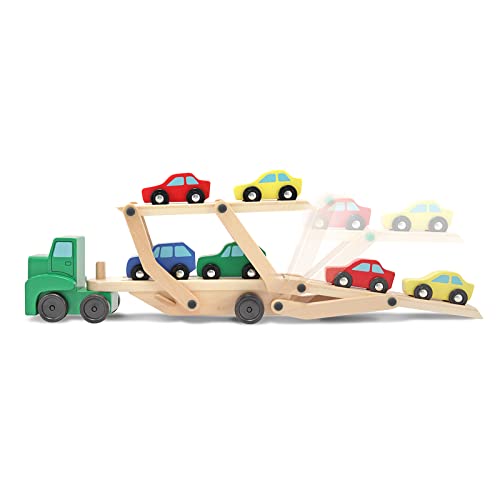 Melissa and Doug Car Carrier Truck and Cars Wooden Toy Set With 1 Truck and 4 Cars - Wooden Cars, Vehicle Toys, Push And Go Wooden Trucks For Toddlers And Kids Ages 3+