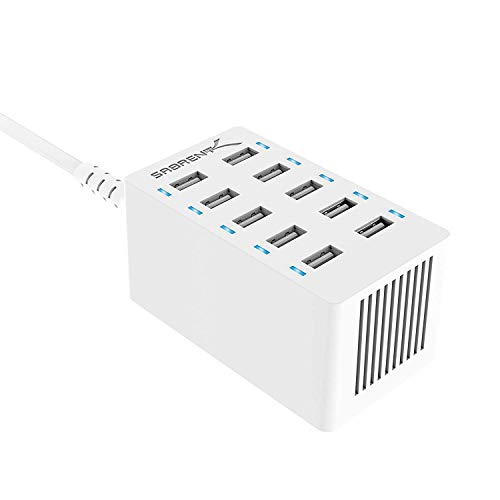 SABRENT 60 Watt (12 Amp) 10 Port [UL Certified] Family Sized Desktop USB Rapid Charger. Smart USB Charger with Auto Detect Technology [White] (AX-TPCS-W)