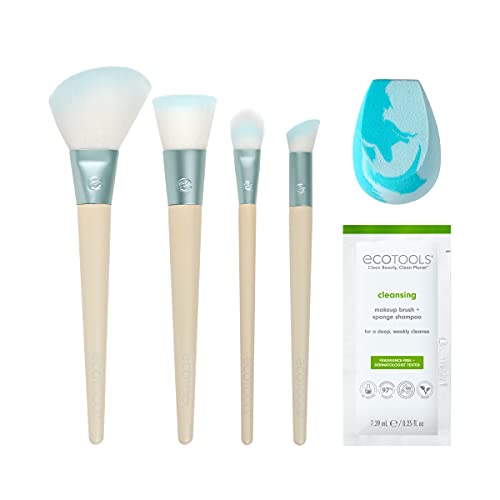 EcoTools Limited Edition Ready, Set, Glow Makeup Accessory and Cleansing Set, Blue, 6 Piece Makeup Tool Christmas Gift Set For Wife, Daughter, Or Girlfriend