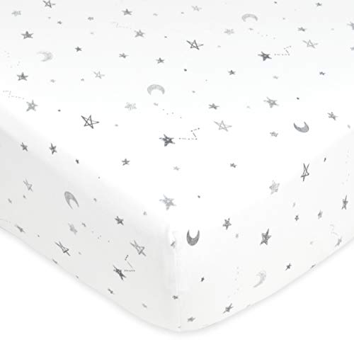 American Baby Company Printed 100% Cotton Jersey Knit Fitted Crib Sheet for Standard Crib and Toddler Mattresses, Grey Stars and Moon, 1 Count (Pack of 1) (Pack of 1)