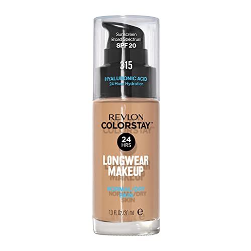 Liquid Foundation by Revlon, ColorStay Face Makeup for Normal and Dry Skin, SPF 20, Longwear Medium-Full Coverage with Natural Finish, Oil Free, 315 Butterscotch, 1 Fl Oz