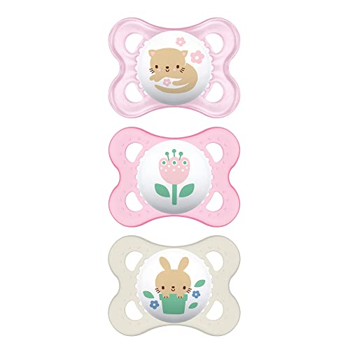 MAM Original Baby Pacifier, Nipple Shape Helps Promote Healthy Oral Development, Curved Shield to Protect Skin, 3 Pack, 0-6 Months, Clear/Girl