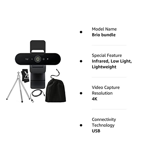 YandR Bundles Logitech Brio 4K HD Webcam with Microphone for Desktop with Tripod and Universal Mount - Logitech Webcam USB Computer Camera - Ultra Pro Wide Angle Webcam Streaming for Meetings and Gaming