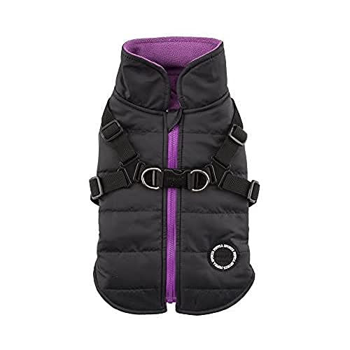 Puppia Mountaineer Winter Dog Coat with integrated harness No Pull Cold Weather Waterproof Warm Fleece Back Zipper for Small and Medium Dog, BLACK, X-Large
