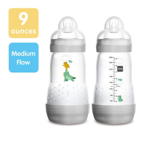 MAM Easy Start Anti-Colic Bottle and Baby Essentials and Medium Flow Bottles with Silicone Nipple and Unisex Baby Bottles and Designs May Vary, 9oz (Pack of 2)