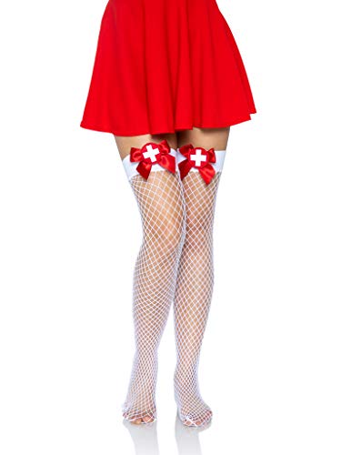 Leg Avenue Women's Nurse Fishnet Thigh Highs, White/Red, O/S