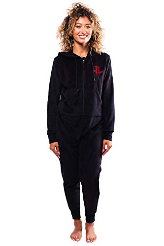 Ultra Game NBA Houston Rockets Womens Sleepwear Super Soft Fleece Onesie Pajama Hooded Jumpsuit, Black, X-Large