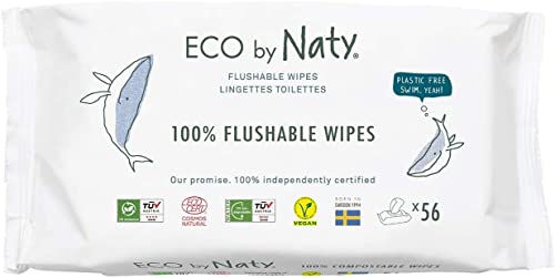 Eco by Naty Flushable Baby Wipes - Compostable and Plant-Based Wipes, Chemical-Free and Hypoallergenic Baby Wipes Safe for Baby Sensitive Skin, 56 Wipes Per Pack (12 Pk)