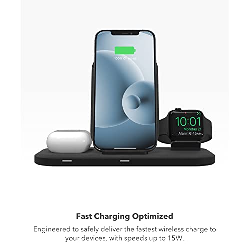 mophie 3-in-1 Wireless Charging Stand for Apple iPhone, AirPods/AirPods Pro and Watch, 7.5W Fast Charging, Stylish Gloss Finish, Portrait or Landscape Smartphone Charging Mode, Black