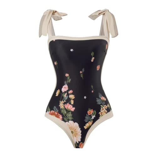 Women Swimsuits Abstract Printing Notched Square/V Neck Floral Vacation One Piece with Cover Up