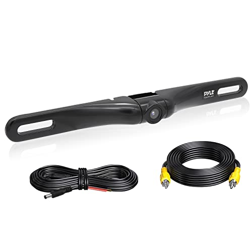 Pyle License Plate Rear View Camera - Built-in Distance Scale Lines Backup Parking/Reverse Assist Waterproof Adjustable Slim Bar Cam w/ 420 TVL Resolution and RCA Output Zinc Black Chrome PLCM18BC
