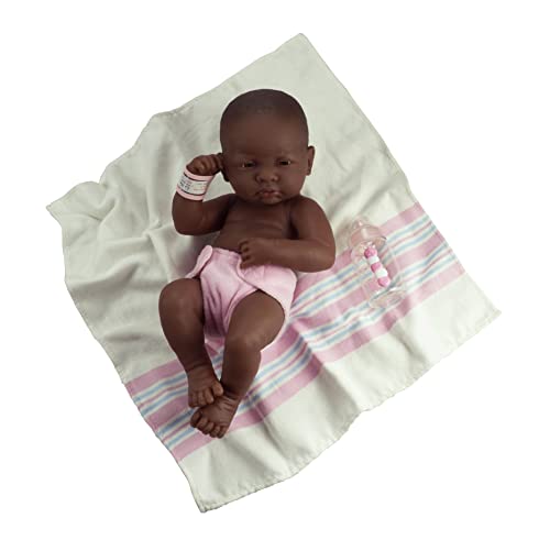JC Toys - La Newborn First Day African American| Anatomically Correct Real Girl Baby Doll | 14' All-Vinyl Baby Doll | Includes Hospital Blanket, Bracelet and First Baby Bottle| Made in Spain | Designed by Berenguer | Ages 2+ , Pink
