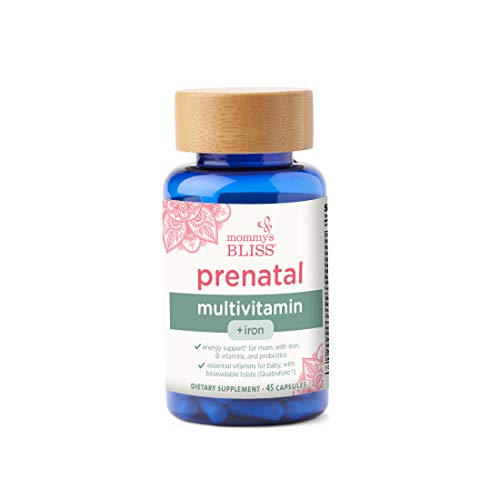 Mommy's Bliss Prenatal Multivitamin with Iron and Folic Acid, Supports Baby Development + Mom Immune System and Energy Levels w/ B Vitamins and Probiotics, Vegan and Gluten Free (45 Servings)