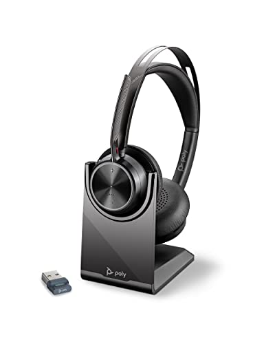 Poly Voyager Focus 2 UC Wireless Headset with Microphone and Charge Stand (Plantronics) - Active Noise Canceling (ANC) - Connect PC/Mac/Mobile via Bluetooth -Works w/Teams, Zoom and More-Amazon Exclusive
