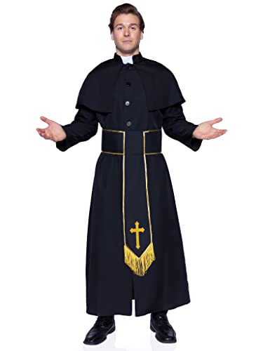 Leg Avenue mens - 2 Piece Priest Set Â– Priest Robe With Attached Cape Halloween for Men Adult Sized Costumes, Black, Medium Large US