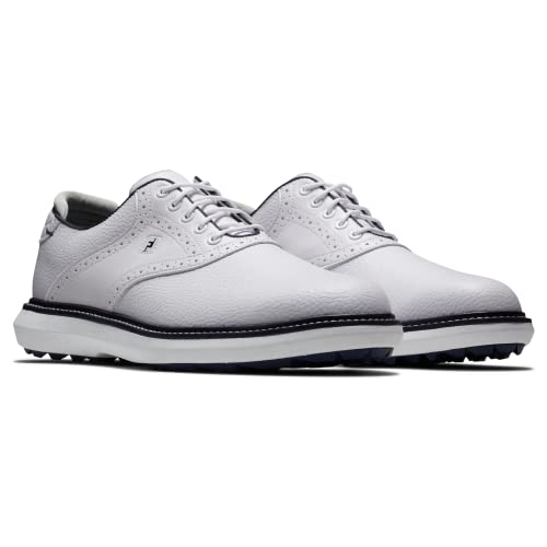 13 FootJoy Men's Traditions Spikeless Golf Shoe, White/White/Navy