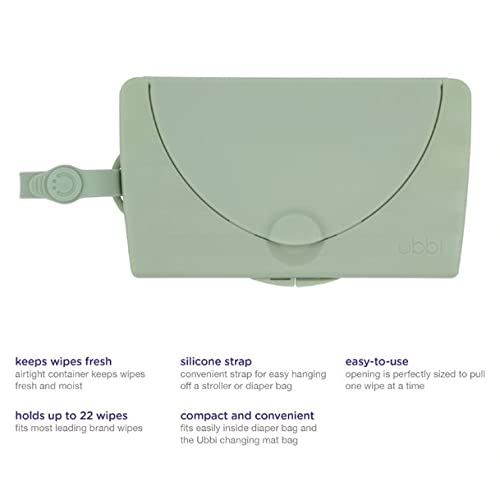 Ubbi On-The-Go Baby Wipes Dispenser, Portable Wipes Container for Travel, Diaper Bag Accessory Must Have for Newborns, Reusable Wipes Holder, Sage Green
