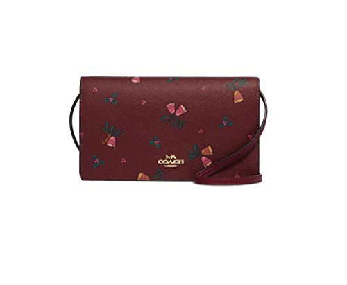 COACH Women's Anna Foldover Clutch Crossbody Bag (Printed Canvas - Holiday Bells Print - Black Cherry)