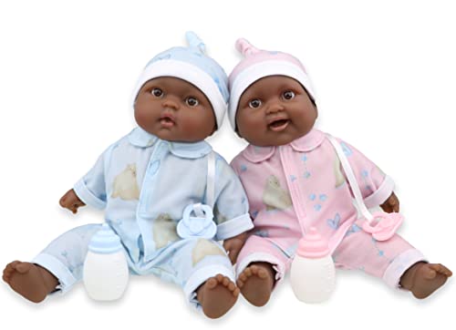 JC Toys Twins 13' Realistic Soft Body Baby Dolls Berenguer Boutique | Twins Gift Set with Removable Outfits and Accessories | Pink and Blue | African American | Ages 2+